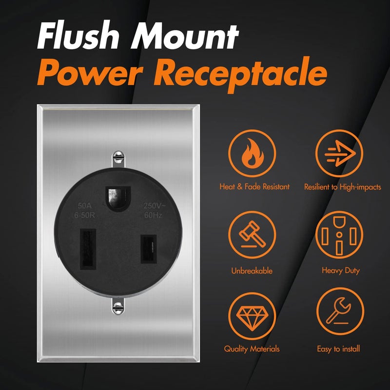 micmi NEMA 6-50R Power Outlet 50 Amp 250V, Heavy-Duty 50A Receptacle, for Welders, Plasma Cutters, Electric Ranges, Dryers, and More UL Listed (NEMA 6-50R w/Rectangle wallplate) - Image 2